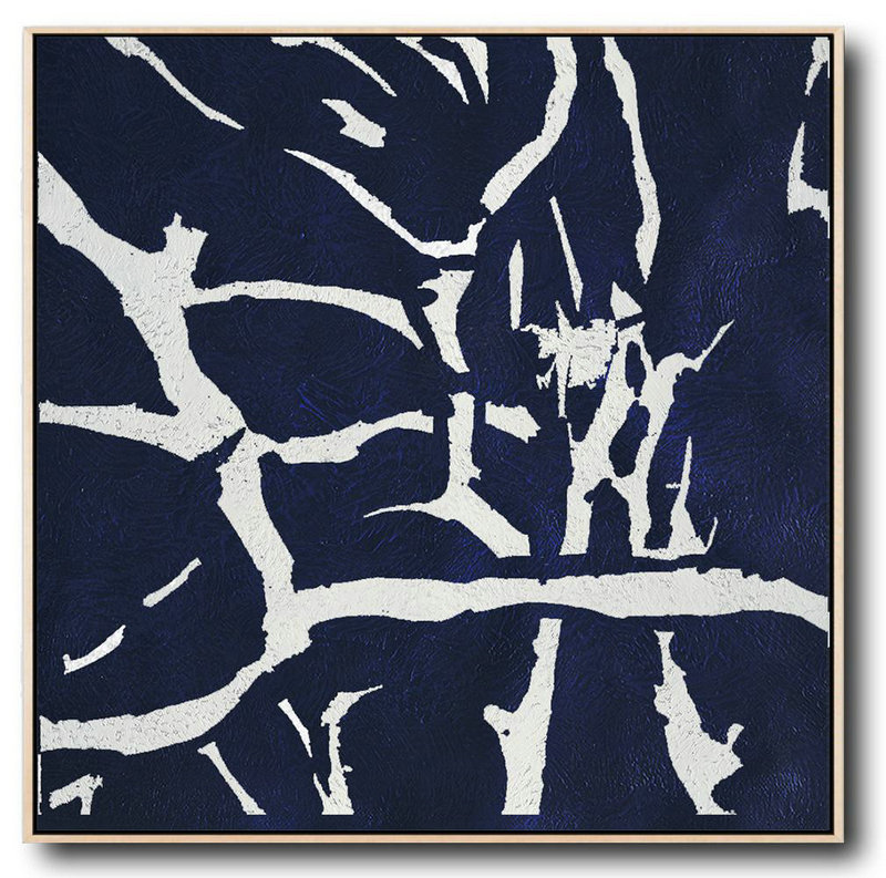 Original Art Acrylic Painting,Minimalist Navy Blue And White Painting,Original Abstract Painting Canvas Art
